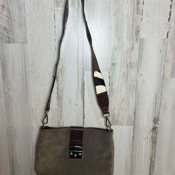 Claudia‎ Firenze Taupe Brown Suede Crossbody Bag Animal Print Strap - Picture 1 of 7